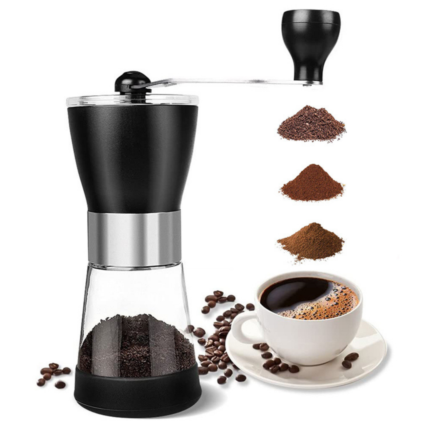 Molinillo de café manual con indicador del café necesario por taza.